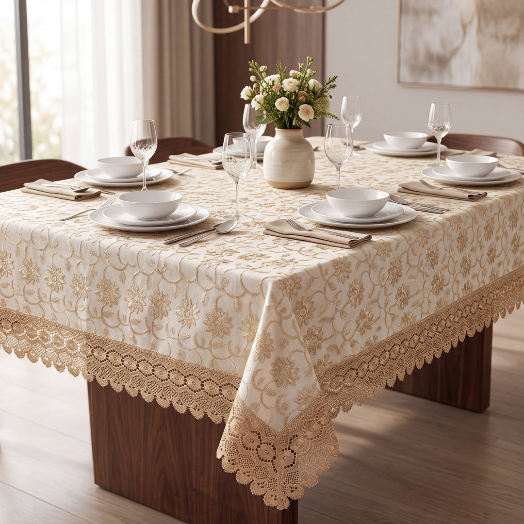 Premium Cotton Floral Linen Table Cover with Lace Border – 60x90 Inches Light Ivory