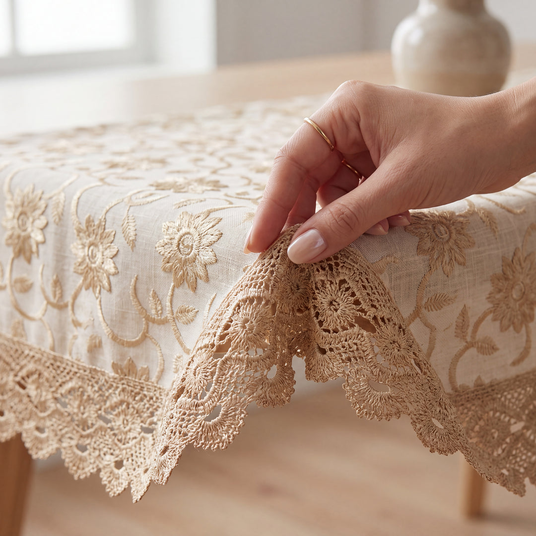 Premium Cotton Floral Linen Table Cover with Lace Border – 60x90 Inches Light Ivory