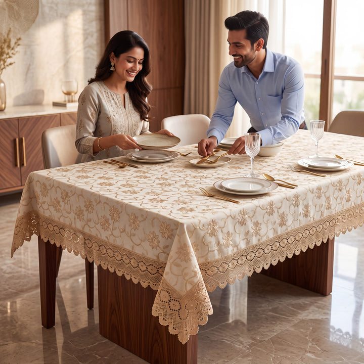 Premium Cotton Floral Linen Table Cover with Lace Border – 60x90 Inches Light Ivory