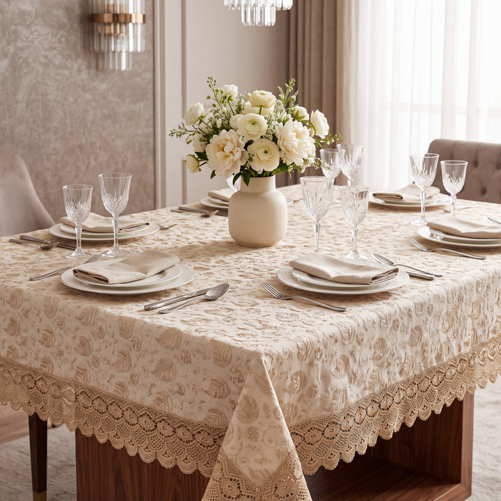 Premium Cotton Paan leaf Linen Table Cover with Lace Border – 60x90 Inches Light Ivory