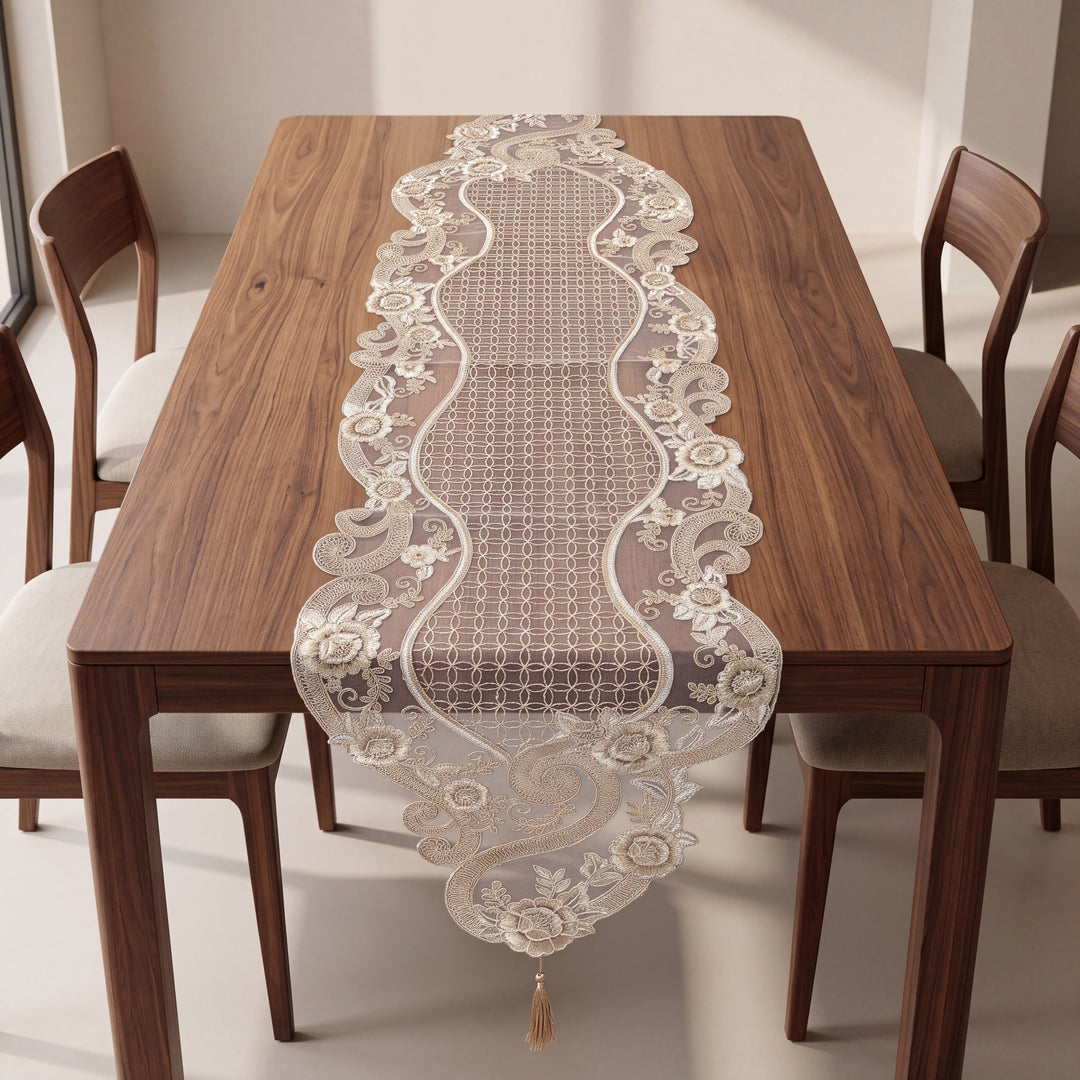 Premium Royal Rose Embroidery Net Dinning Table Runner, 16 × 72 inch - Beige