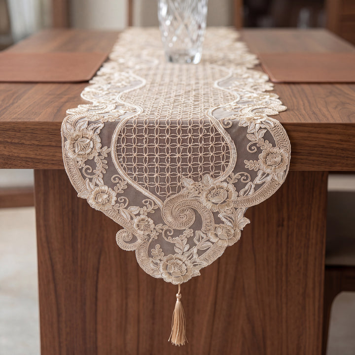 Premium Royal Rose Embroidery Net Dinning Table Runner, 16 × 72 inch - Beige