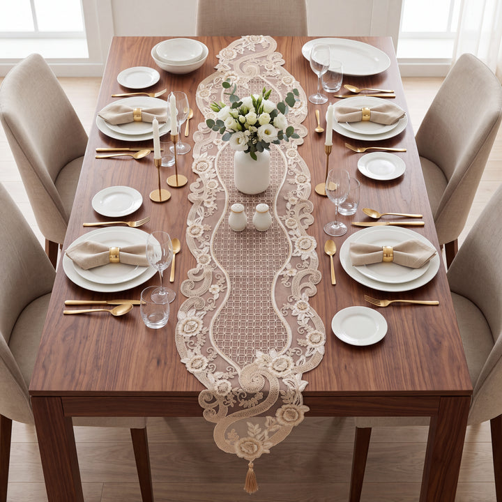 Premium Royal Rose Embroidery Net Dinning Table Runner, 16 × 72 inch - Beige