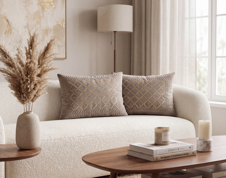 Velvet Embroidered Lumbar Cushion Cover Set with Cotton Lining - Set of 2 | Brown