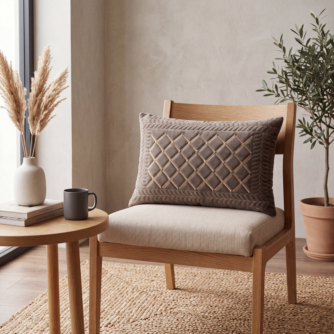 Velvet Embroidered Lumbar Cushion Cover Set with Cotton Lining - Set of 2 | Brown