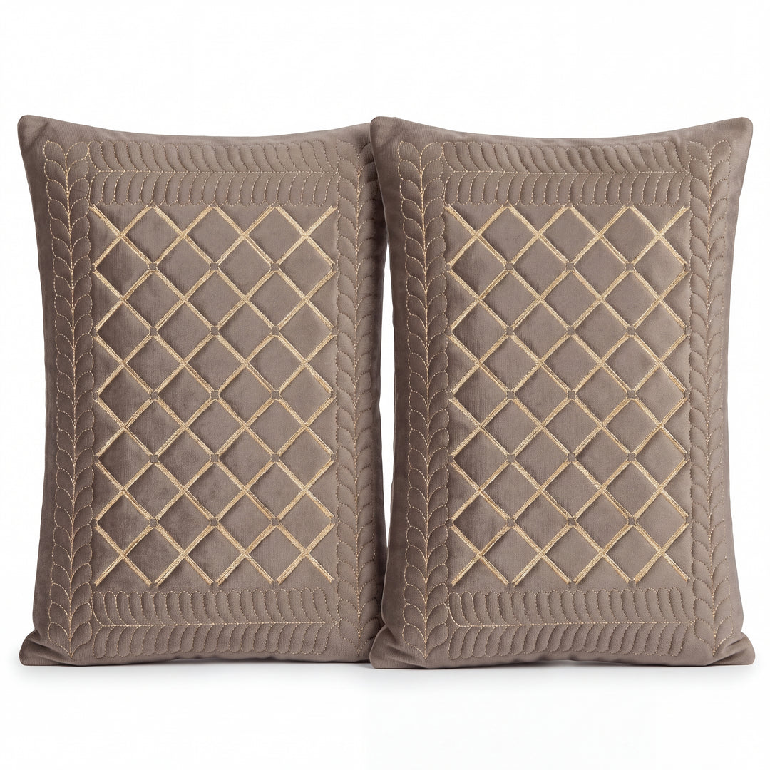 Velvet Embroidered Lumbar Cushion Cover Set with Cotton Lining - Set of 2 | Brown