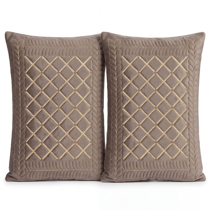 Velvet Embroidered Lumbar Cushion Cover Set with Cotton Lining - Set of 2 | Brown