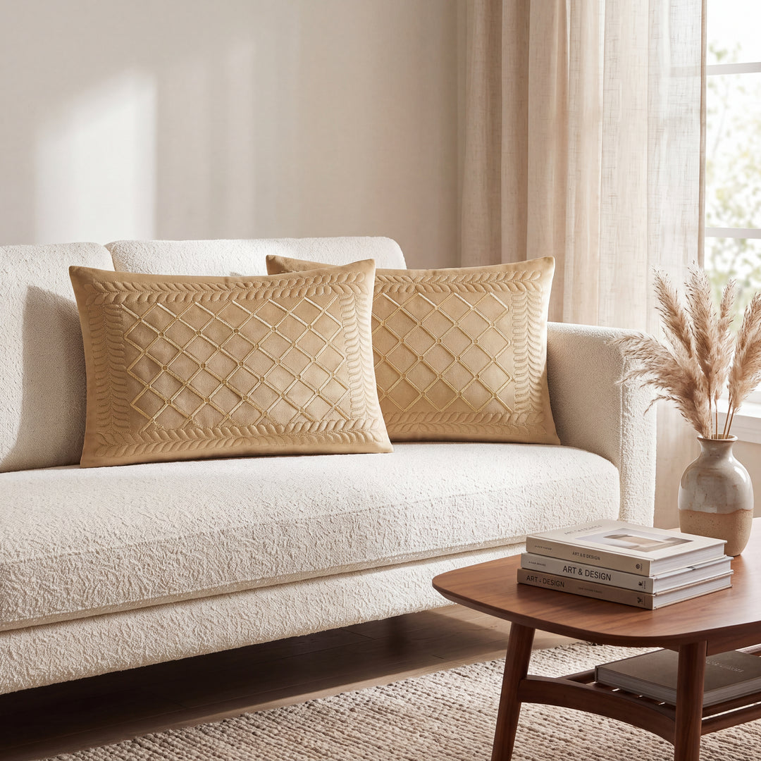 Velvet Embroidered Lumbar Cushion Cover Set with Cotton Lining - Set of 2 | Beige