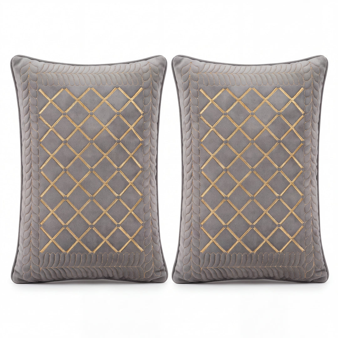 Velvet Embroidered Lumbar Cushion Cover Set with Cotton Lining - Set of 2