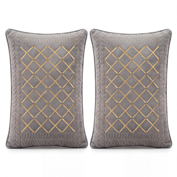 Velvet Embroidered Lumbar Cushion Cover Set with Cotton Lining - Set of 2
