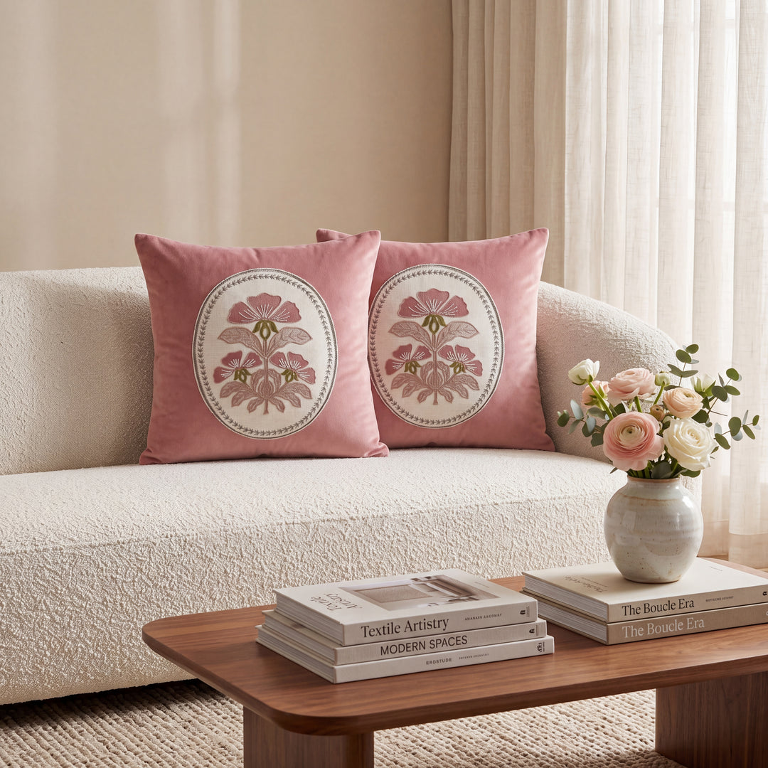 Royal Floral Medallion Embroidered Cushion Covers- Set of 2 - Pink