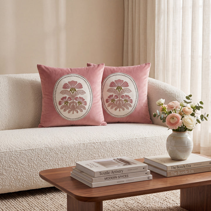 Royal Floral Medallion Embroidered Cushion Covers- Set of 2 - Pink