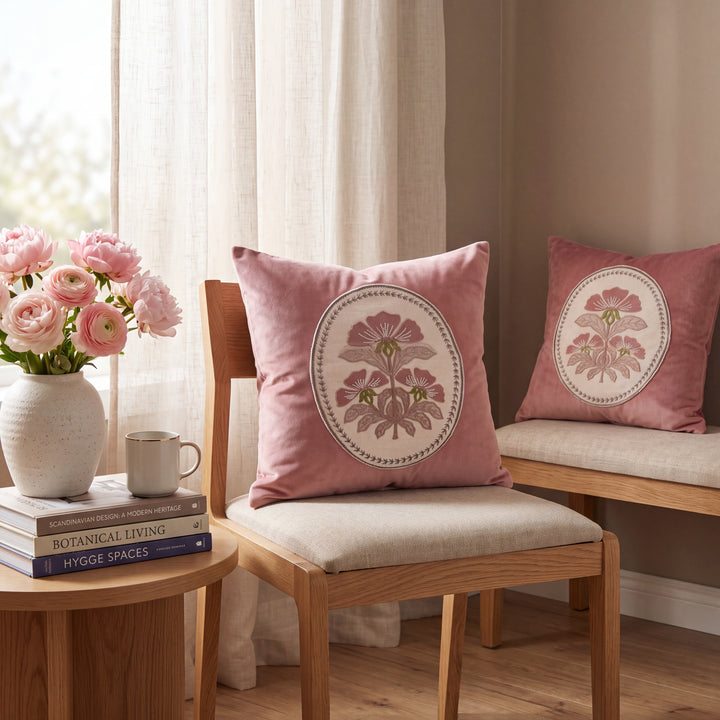 Royal Floral Medallion Embroidered Cushion Covers- Set of 2 - Pink