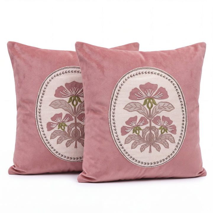 Royal Floral Medallion Embroidered Cushion Covers- Set of 2 - Pink