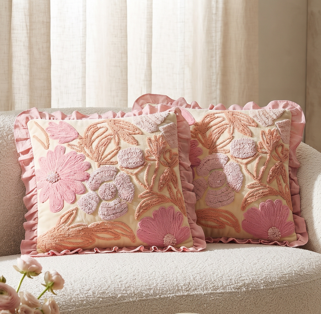 Floral Tufted Embroidery Cushion Cover with Soft Cotton Frill Border - Set of 2 - Pink & Peach