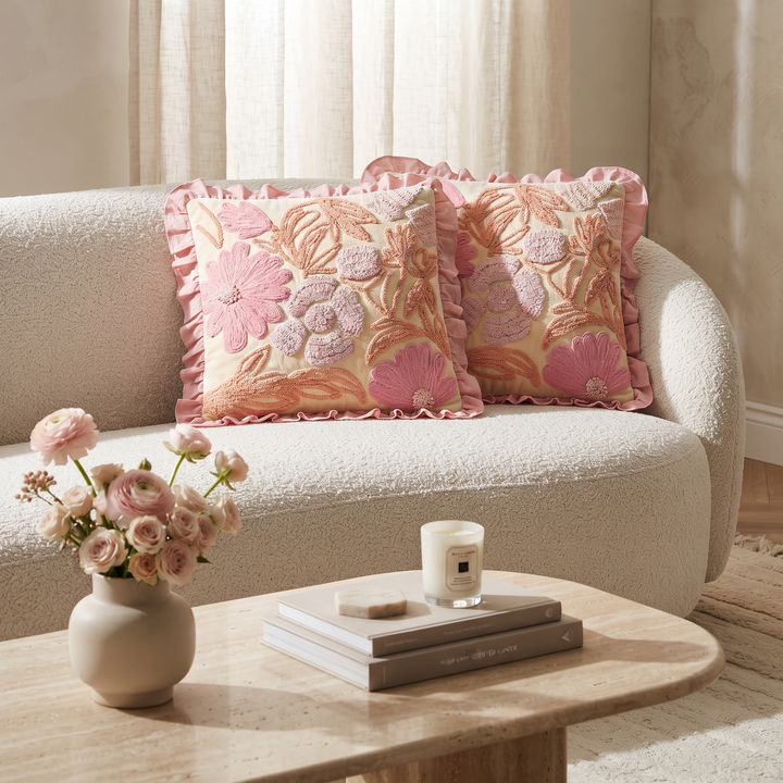 Floral Tufted Embroidery Cushion Cover with Soft Cotton Frill Border - Set of 2 - Pink & Peach