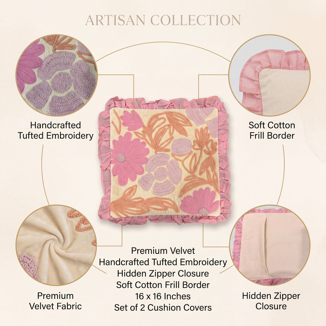 Floral Tufted Embroidery Cushion Cover with Soft Cotton Frill Border - Set of 2 - Pink & Peach