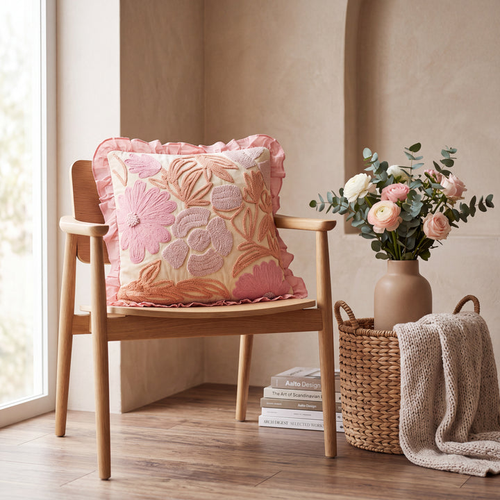 Floral Tufted Embroidery Cushion Cover with Soft Cotton Frill Border - Set of 2 - Pink & Peach