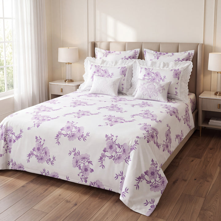 Phoolwari With Frill 100% Cotton King Size Bedsheet- 300 TC (108" x 108",  Lavender Love)