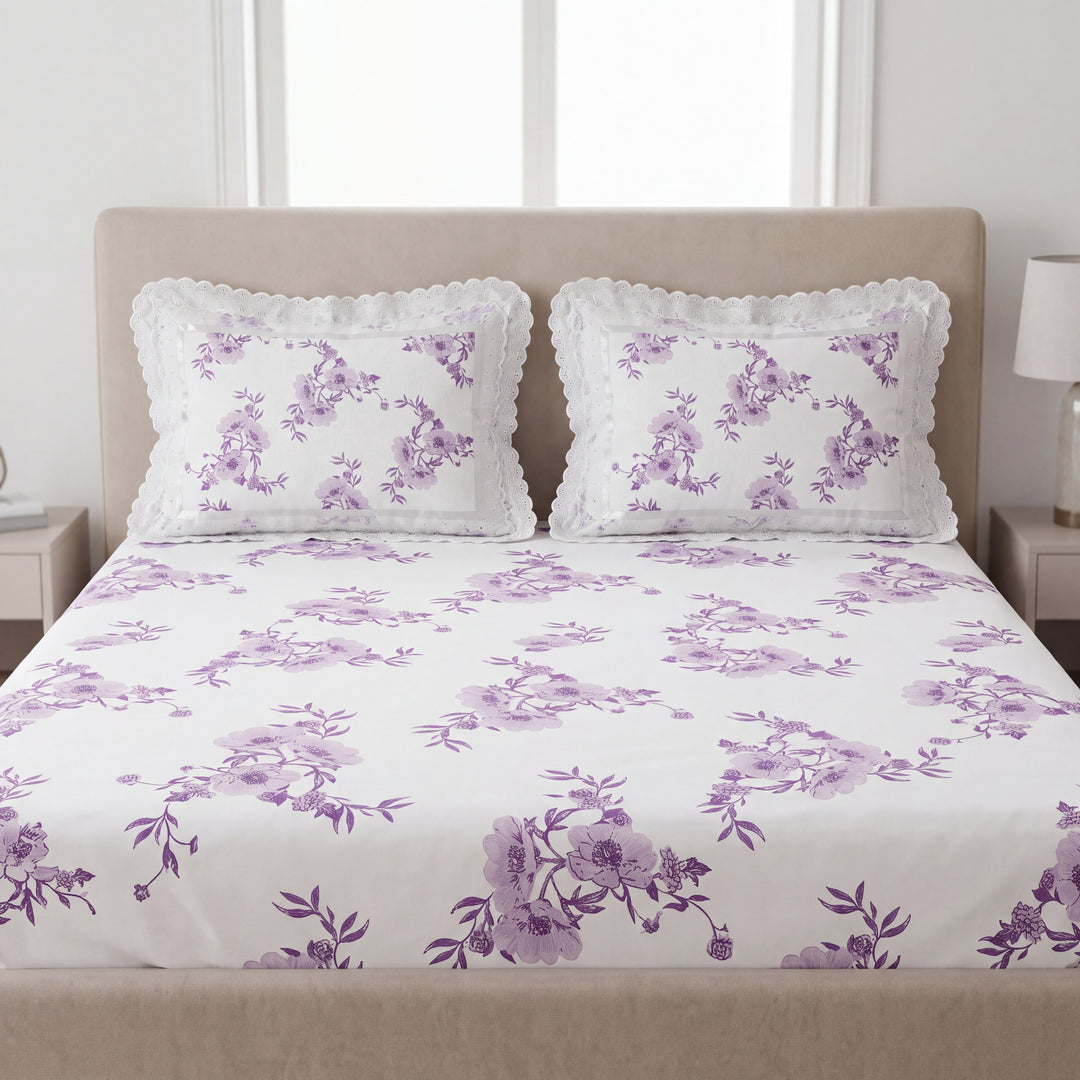 Phoolwari With Frill 100% Cotton King Size Bedsheet- 300 TC (108" x 108",  Lavender Love)
