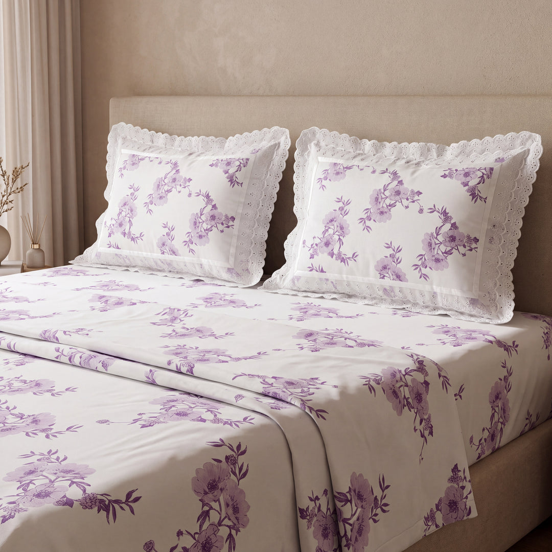Phoolwari With Frill 100% Cotton King Size Bedsheet- 300 TC (108" x 108",  Lavender Love)