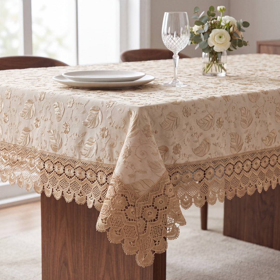 Premium Cotton Paan leaf Linen Table Cover with Lace Border – 60x90 Inches Light Ivory