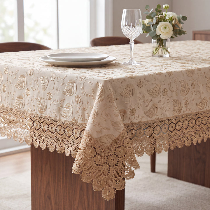 Premium Cotton Paan leaf Linen Table Cover with Lace Border – 60x90 Inches Light Ivory