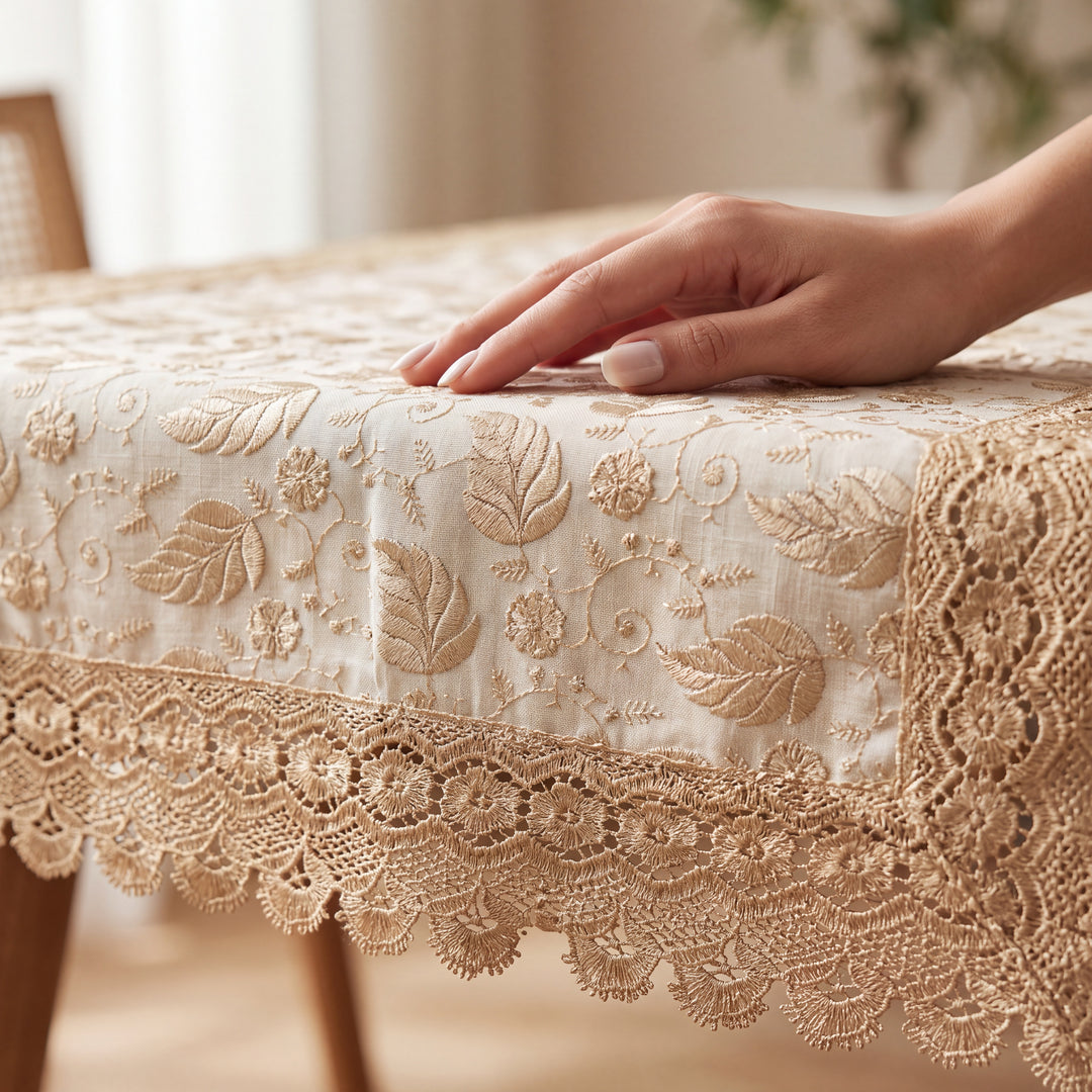 Premium Cotton Paan leaf Linen Table Cover with Lace Border – 60x90 Inches Light Ivory