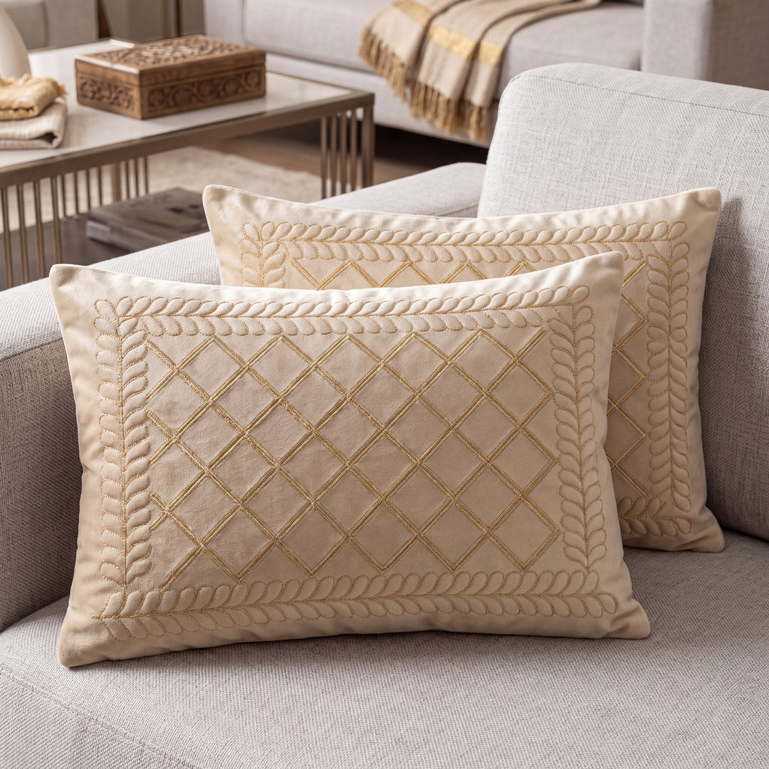Velvet Embroidered Lumbar Cushion Cover Set with Cotton Lining - Set of 2 | Beige