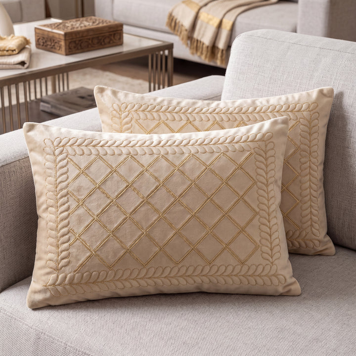 Velvet Embroidered Lumbar Cushion Cover Set with Cotton Lining - Set of 2 | Beige