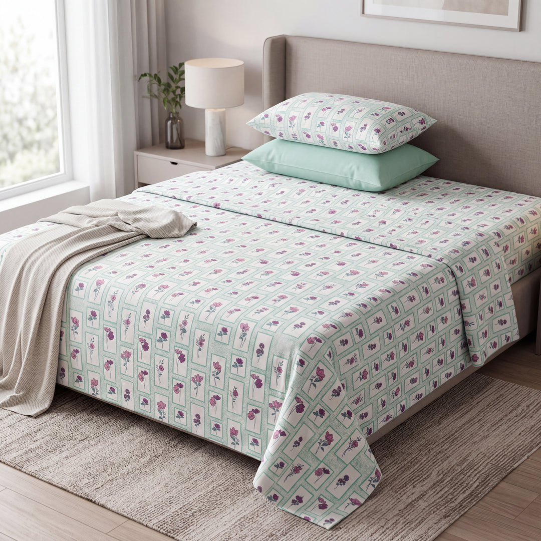 Phoolwari 100% Cotton King Size Bedsheet, 300 TC (108" x 108", Sage Green )