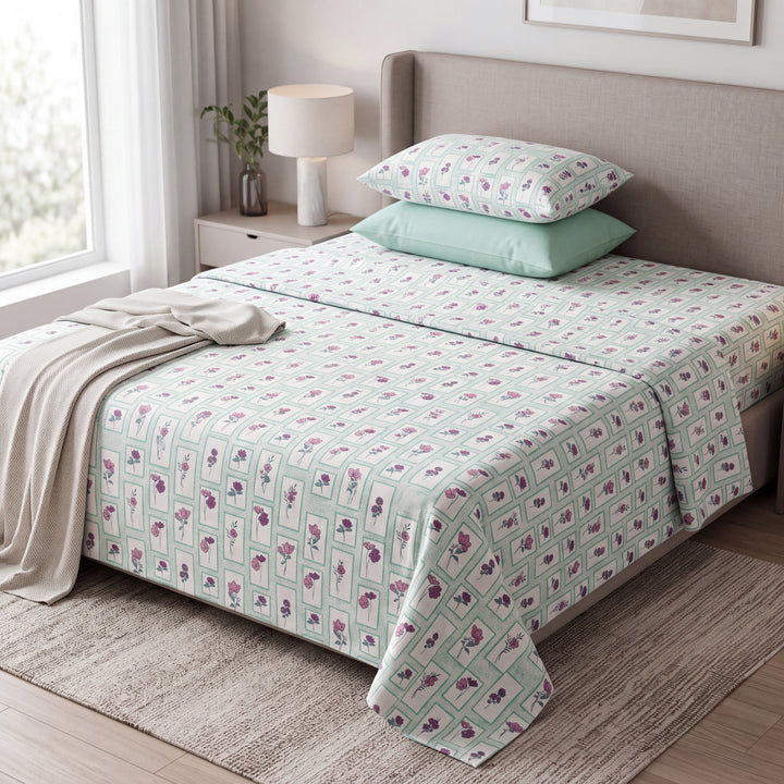 Phoolwari 100% Cotton King Size Bedsheet, 300 TC (108" x 108", Sage Green )