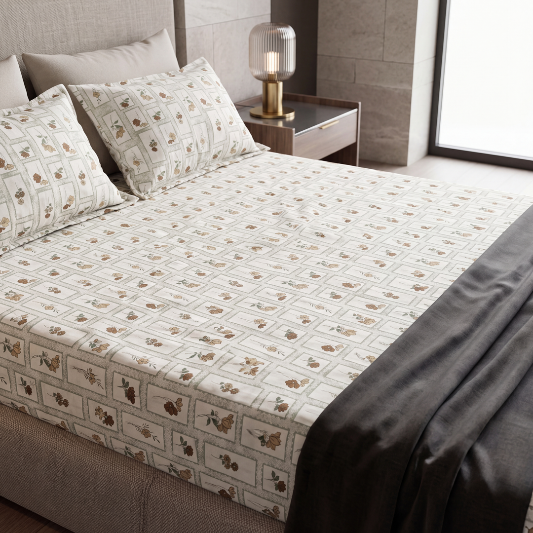 Phoolwari 100% Cotton King Size Bedsheet, 300 TC (108" x 108", Brown)