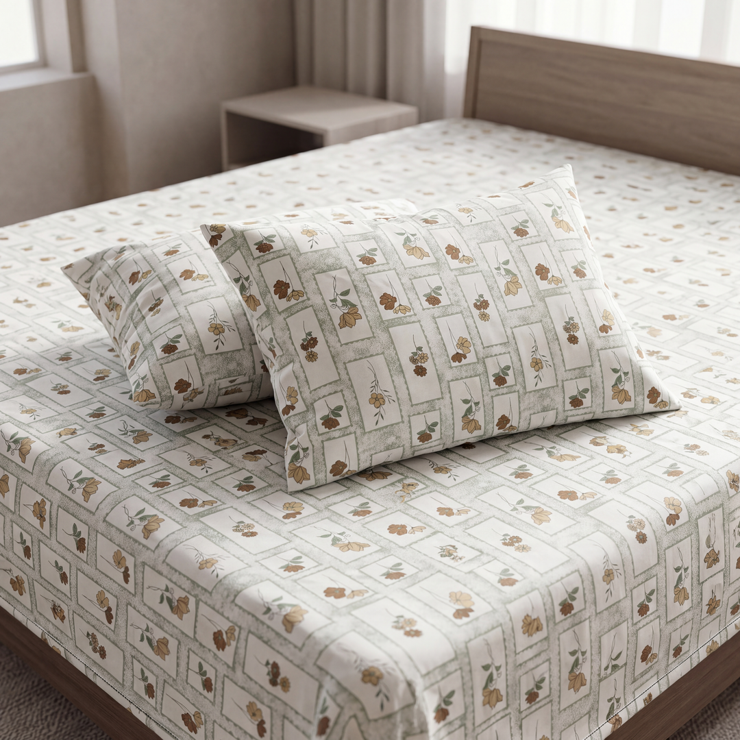 Phoolwari 100% Cotton King Size Bedsheet, 300 TC (108" x 108", Brown)