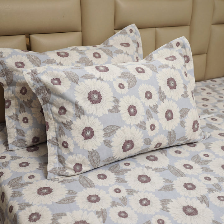 Sukoon Bloom Design 100% Cotton Queen Size Bedsheet, 250 TC Blue