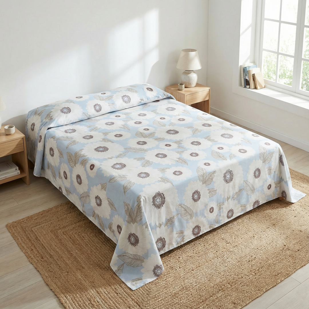 Sukoon Blue Bloom Design 100% Pure Cotton King Size Bedsheet, 400 TC