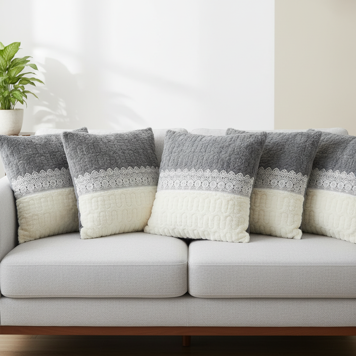 Digital Printed 100% Cotton cushion covers, set of 5, Grey Ivory Classic