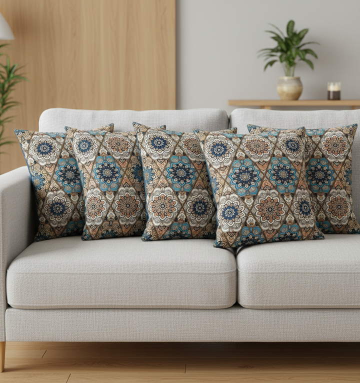 Digital Printed 100% Cotton cushion covers, set of 5, Rang Mahal