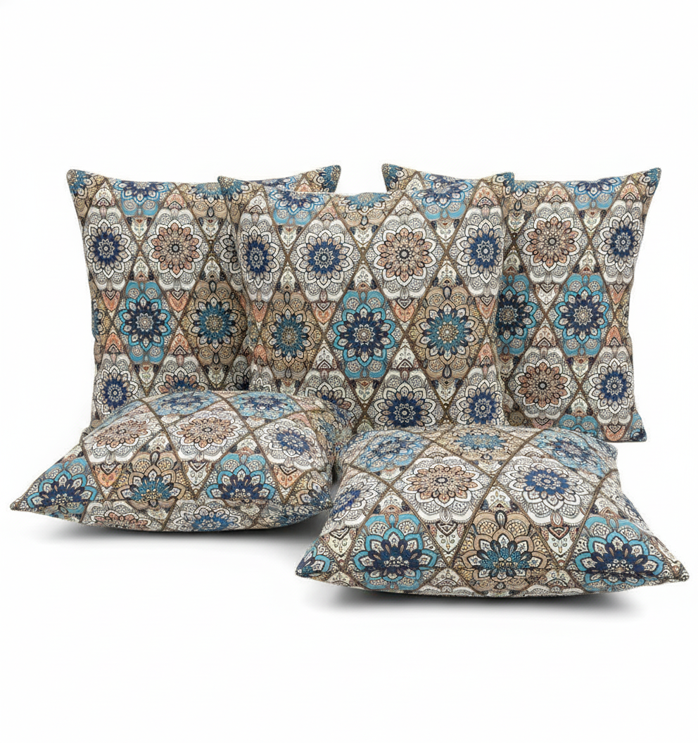 Digital Printed 100% Cotton cushion covers, set of 5, Rang Mahal
