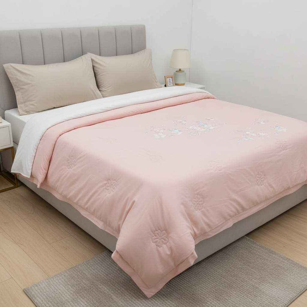 Ultra Soft Elegant Floral Embroidery Comforter, Gulabi Serenity