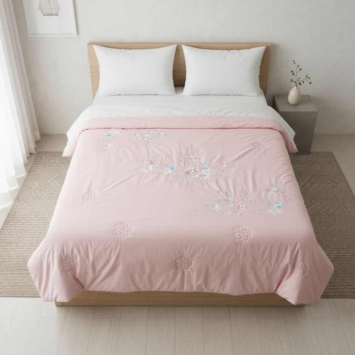 Ultra Soft Elegant Floral Embroidery Comforter, Gulabi Serenity