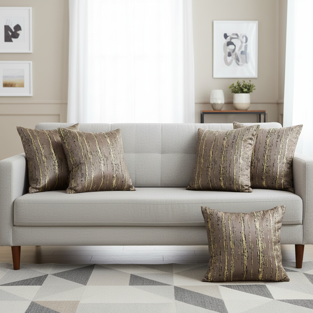 Golden Stripes Suede Cushion Covers, set of 5, Brown