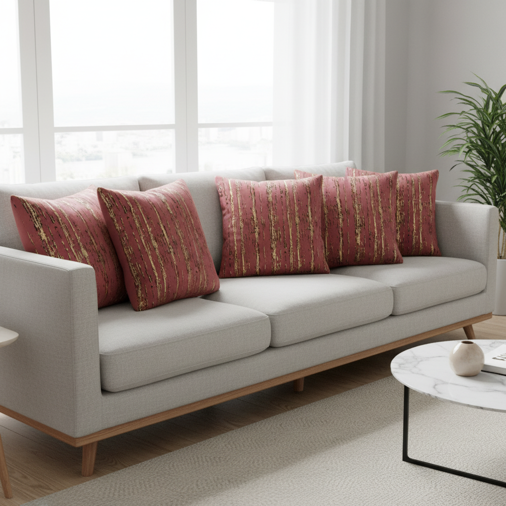 Wine Golden Stripes Suede Cushion Covers, set of 5