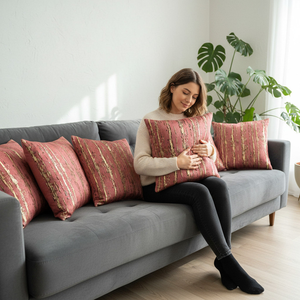 Wine Golden Stripes Suede Cushion Covers, set of 5