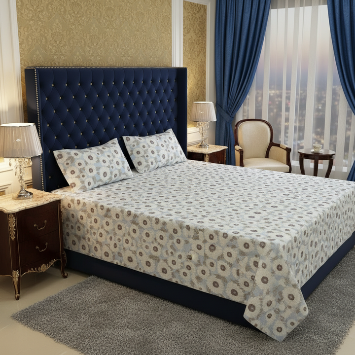 Sukoon Bloom Design 100% Cotton King Size Bedsheet, 250 TC Blue
