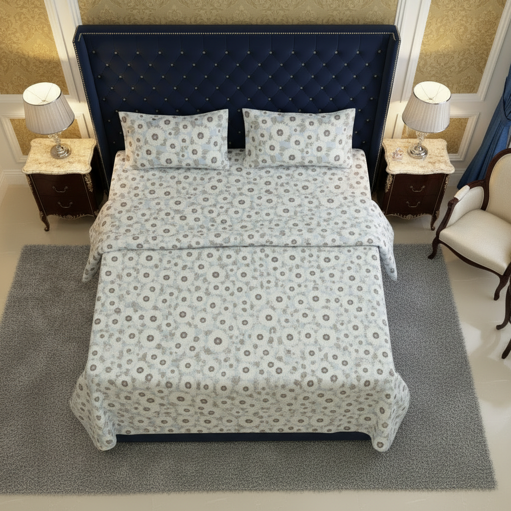 Sukoon Bloom Design 100% Cotton King Size Bedsheet, 250 TC Blue