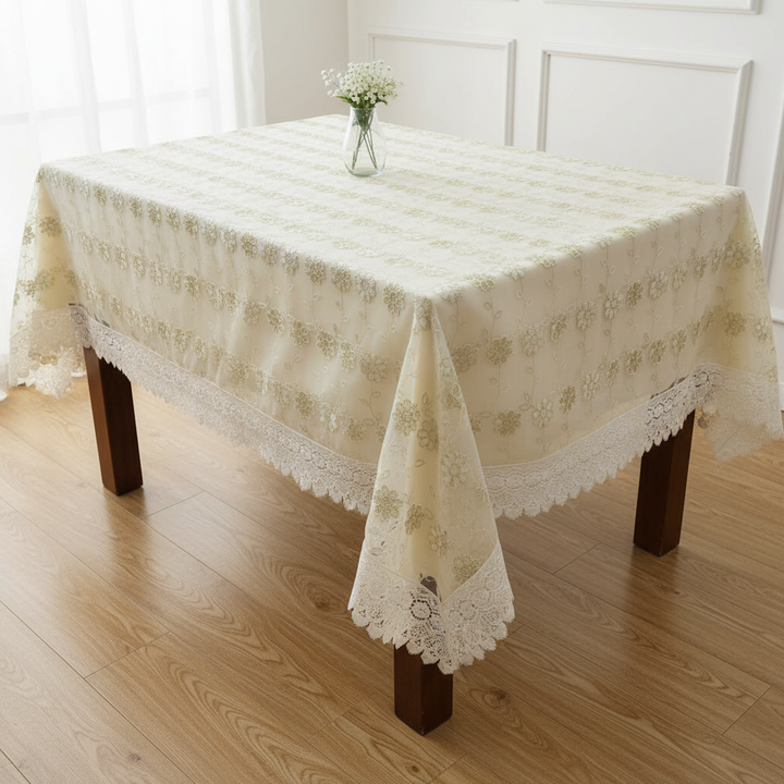 Premium Floral Net Embroidered Tablecloth with Lace Border – 60x90 Inches