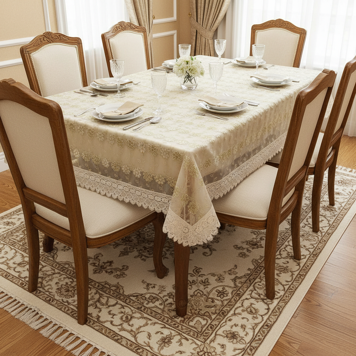 Premium Floral Net Embroidered Tablecloth with Lace Border – 60x90 Inches