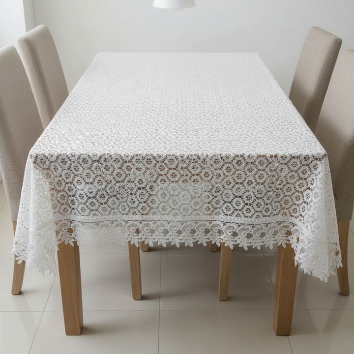 Vintage-Style Knitted Lace Dining Tablecloth for 6-8  Seater | Elegant Ivory/White