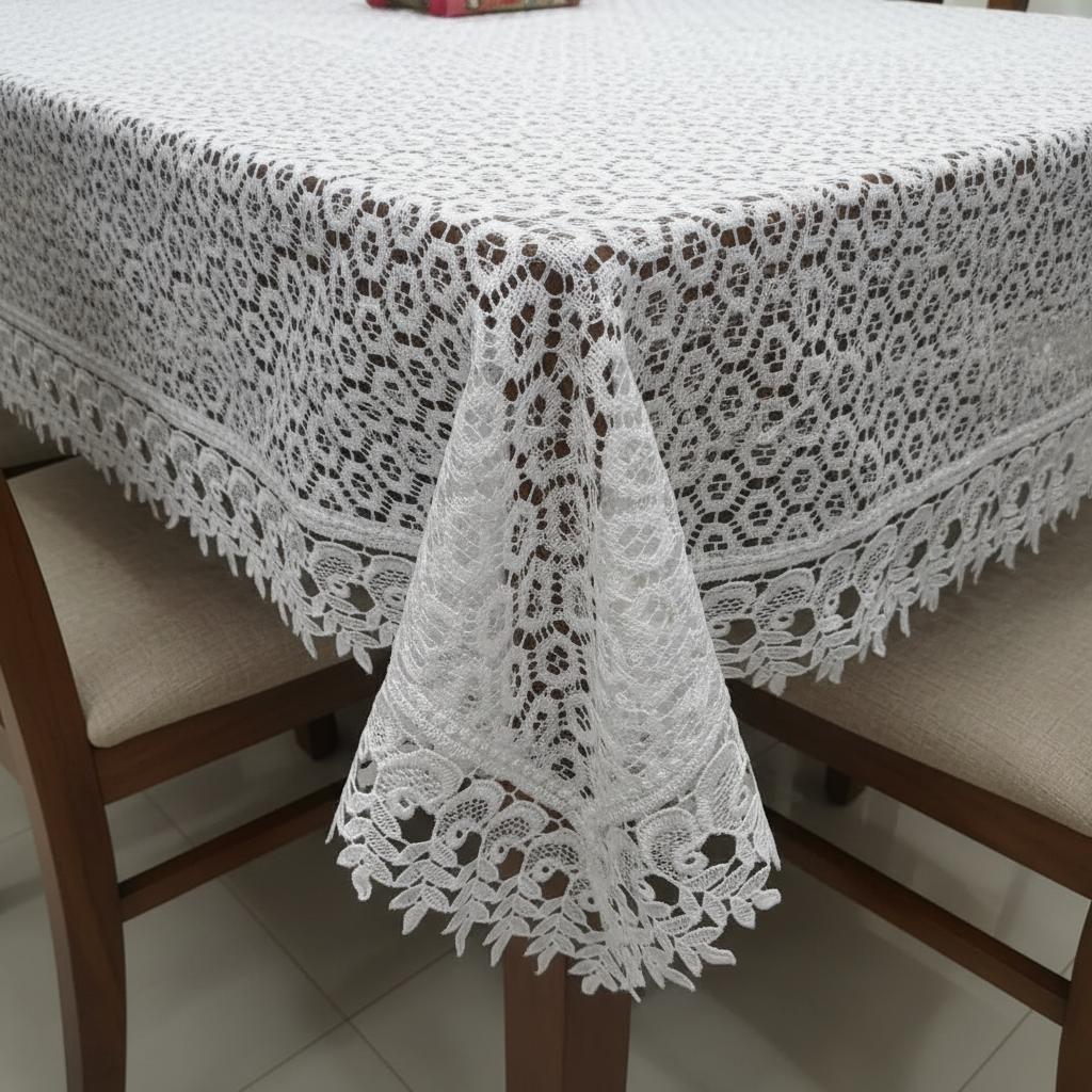 Vintage-Style Knitted Lace Dining Tablecloth for 6-8  Seater | Elegant Ivory/White